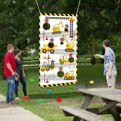 Construction Truck Toss Game Banner with 4 Bean Bags ，Indoor Outdoor Excavator Throwing Theme Party Game Banner with 7 Score Holes for Adults Birthday Party Decorations （Yellow）