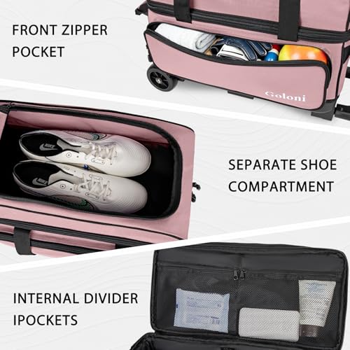Goloni Double Roller 2 Ball Bowling Bag with Separate Shoe Compartment,2 Ball Bowling Bag with Wheels,Retractable Handle Extends to 40" - color: Meat pink
