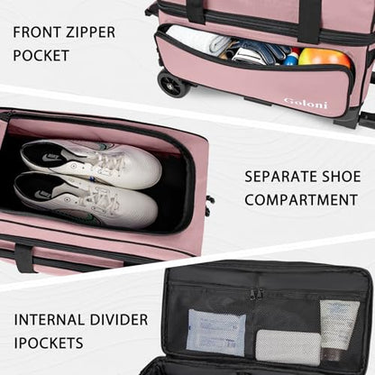 Goloni Double Roller 2 Ball Bowling Bag with Separate Shoe Compartment,2 Ball Bowling Bag with Wheels,Retractable Handle Extends to 40" - color: Meat pink