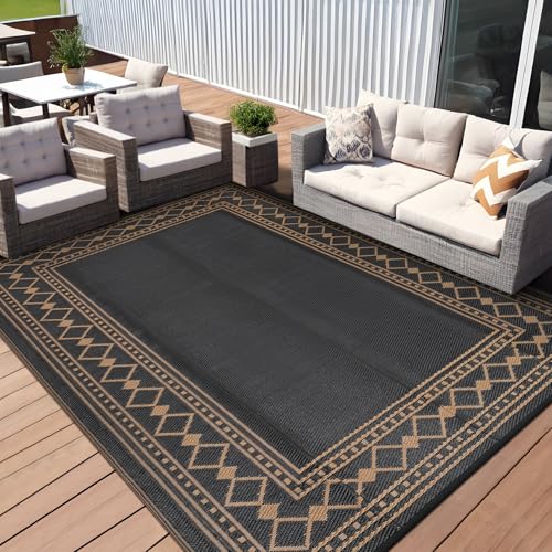 9x12 Outdoor Rug Waterproof Foldable Plastic Straw Carpet for Patio Porch Modern Bordered Reversible Mat Lightweight Floor Mat for Picnic, Backyard, Rv, Beach, Deck, Camper, Balcony, Black/Tan - color: Black & Tan, size: 9' x 12' (Rectangular)