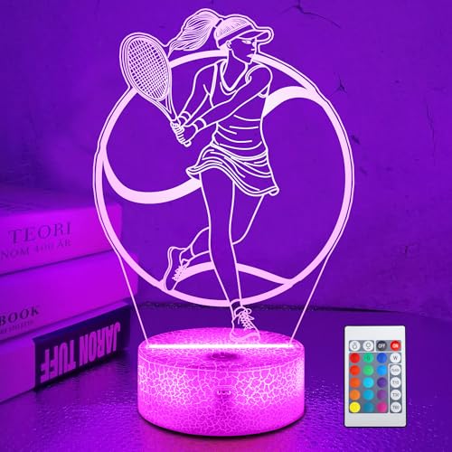 OkiyiD Tennis Gifts for Women & Girls, Light Up Tennis Night Light 3D Illusion Lamp with 16 Colors Remote Control,Tennis Accessories Decor for Women Friends Sports Fans Xmas Gifts - color: Color9