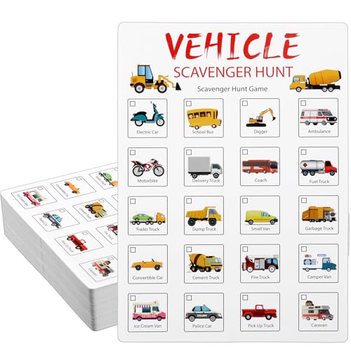 Hoolerry 30 Pcs Scavenger Hunt for Kids Road Trip Game Car Spring Summer Wedding Scavenger Hunt Cards Travel Activities Camping Games Outdoor Indoor Seek Activity for Kids Adults (Vehicles) - style: Vehicles