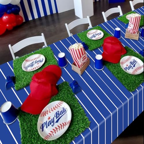4 Pcs Plastic Baseball Tablecloths, Rectangle Blue Stripe Party Table Cloth for Baseball Game Day Sports Theme Party Supplies, 51 x 86 Inches - color: White on Blue