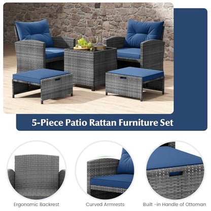 Tangkula 5 Pieces Patio Conversation Set, PE Wicker Rattan Outdoor Furniture Set with 2 Chairs, 2 Ottomans & Tempered Glass Coffee Table, Ideal for Poolside, Backyard, Lawn, Deck, Mix Grey & Navy - color: Mix Grey & Navy
