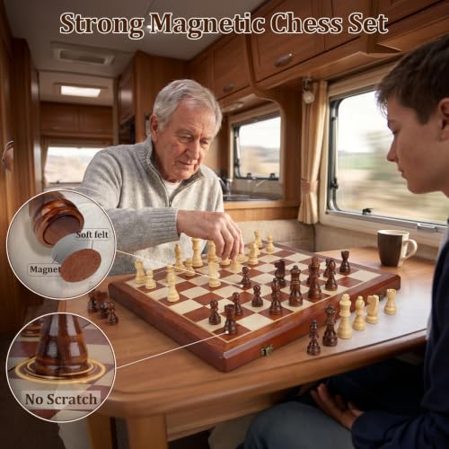 15.4" Magnetic Wooden Chess Set for Adults & Kids, Handcrafted Foldable Chess Board with Individual Storage Slots, 2 Extra Queens, Portable Travel Chess Set, Home & Office Decor, Gift for Chess Lover