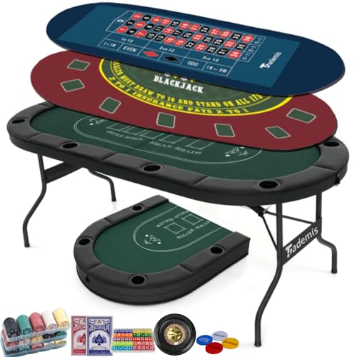 8 Player Foldable Poker Table Top 4-in-1 Casino Game Set for Texas Hold'em, Blackjack, Hi-Lo Dice & Roulette, Portable Folding Table Mat with Cup Holders & Full Props for Home Party, Game Night