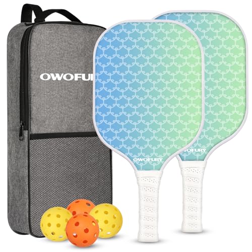 Fiberglass Pickleball Paddles Set of 2, Pickle Ball Racket Lightweight Honeycomb Core Control Paddle, with 4 Indoor Outdoor Balls and Bag for Men Women - color: Blue Green