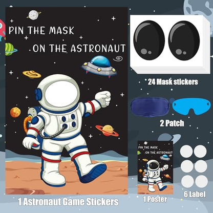 Hooqict Pin The Mask on The Astronaut Space Party Games for Kids Birthday Game Astronaut Solar System Outer Space Themed Party Decorations, Large Poster with 24 Mask Stickers - style: Astronaut