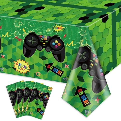 4 Pcs Video Game Party Tablecloths, 51" x 86" Plastic Disposable Table Covers Blue Gaming Birthday Party Decorations for Boys Kids' Teens Party Supplies (Green, 51'' x 86'') - color: Green