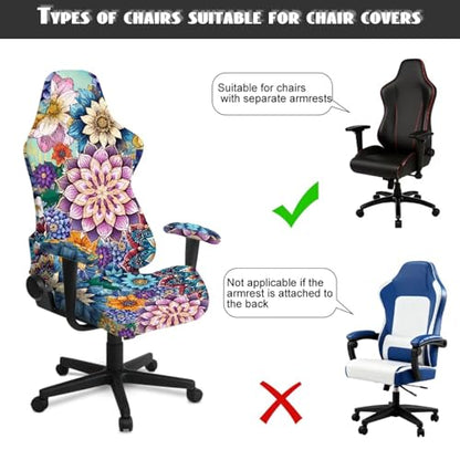 Gaming Chair Covers with Zipper Decorative Dustproof Stretch Gamer Chair Cover with Armrest Covers Washable Fabric Non-Slip Anti-Scratch Office Armchair Slipcover, Boho Flower - color: Boho Flower