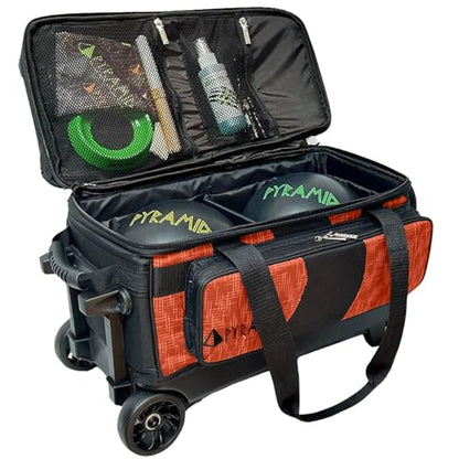 Pyramid Deluxe Double Roller 2 Ball Bowling Bag with Large Separate Shoe Compartment (Up To 2 Pairs Of Shoes) and Accessory Pockets, Sturdy Square Handle - Extends to 40" - Pro Options Available - color: Pro Black/Circuit Orange