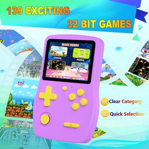 32 Bit Handheld Games for Kids Preloaded 139 Video Games, Portable Video Gaming Player with 3.0" IPS Screen and Rechargeable Battery, Mini Travel Games Electronic Gifts Toys for Boys Girls, Purple - color: Purple