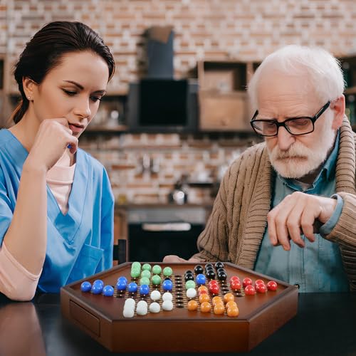 Chinese Checkers 15" x 13" Large Wooden Checkers Board Game Includes 16mm 60+12 Colorful Glass Marbles,Classic Strategy Family Board Game for Adult,Walnut