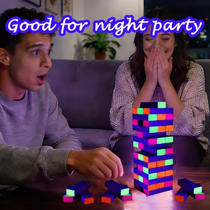 Ahuimeius 54 Piece Glow Tumble Tower Board Games, Glow in the Blacklight Tumble Tower, Indoor/Outdoor Board Game for Adults for Family Game Night