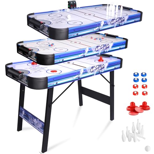 HLC Air Hockey Table Upgrade Foldable 4ft Game Table with Air Hockey, Shuffleboard,Bowling,48 inch Indoor Electric Hockey Table Digital LED Score Board,Powerful 12V Motor for Adults and Kids
