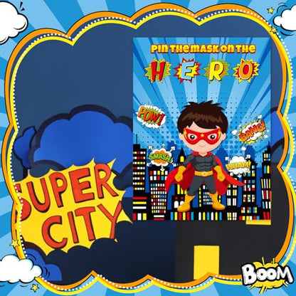Faccito Hero Party Games Super Theme Hero Games Pin Mask on The Cityscape Poster with 24 Pcs Stickers and Blindfold Pin The Tail Set for Birthday Party Decorations Carnival Favors Supplies - style: Hero