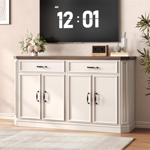 ONBRILL 55" Sideboard Buffet Cabinet with 2 Storage Drawers & 4 Doors, Modern Kitchen Sideboards and Buffets with Adjustable Shelves, Wood Coffee Bar Cabinet for Living Room, Entryway, Off-White