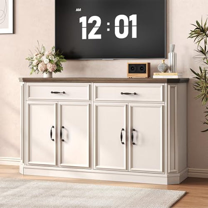 ONBRILL 55" Sideboard Buffet Cabinet with 2 Storage Drawers & 4 Doors, Modern Kitchen Sideboards and Buffets with Adjustable Shelves, Wood Coffee Bar Cabinet for Living Room, Entryway, Off-White