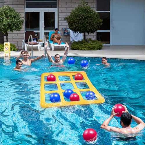 TicTac Shot Pool Toys Games Set- Tic Tac Toe Inflatable Pool Toy with 10 Balls - for Adults Teens Kids 2-10 Players - color: Yellow