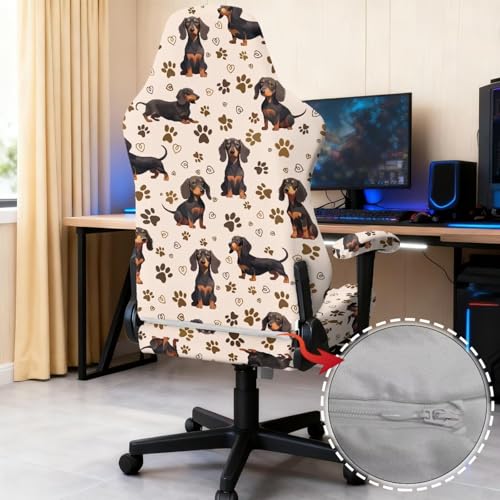 Suobstales Dachshund Paw Heart Pattern Gaming Chair Covers Slipcovers with Armrest Covers, Stretch Game Computer Office Desk Chair Cover Protector, Soft Fabric Rotating Armchair Covers, Without Chair - color: Dachshund Paw Heart