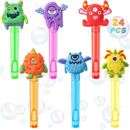 Winrayk Monster Party Favors, 24Pcs Self-designed Mini Bubble Wands for Kids Bubbles Bulk with Detachable Topper (6 Styles & Colors), Birthday Gift Toy Pinata Filler Goodie Bag Stuffer Classroom Prize - style: Monster