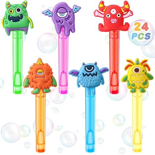Winrayk Monster Party Favors, 24Pcs Self-designed Mini Bubble Wands for Kids Bubbles Bulk with Detachable Topper (6 Styles & Colors), Birthday Gift Toy Pinata Filler Goodie Bag Stuffer Classroom Prize - style: Monster