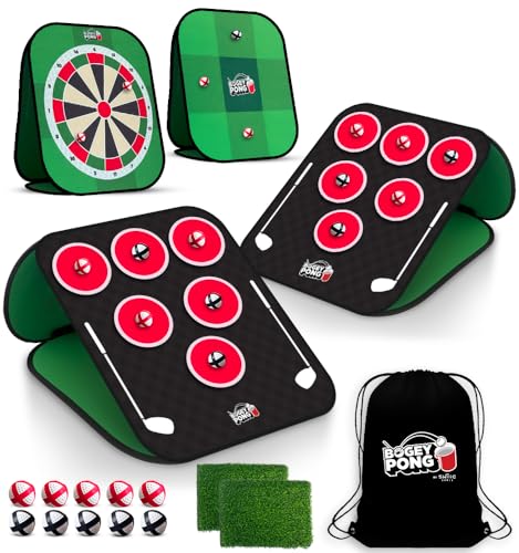 SWOOC Games® – Bogey Pong™ | 3-in-1 Backyard Pong Golf Game Set w/Darts & Tic Tac Toe | Remove Discs for Pong Golf Game Play | Yard Golf Chipping | Backyard Golf Games for Adults, Kids, & Family