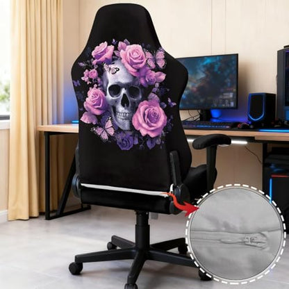 Elastic Gaming Chair Covers Slipcovers 4Pcs with Armrest Cover Skull Rose Butterfly Print Gamer Desk Chair Covers Universal Fit for Desk/Swivel/Rotating Chairs Protector - color: Black and Pink - Skull Rose Butterfly