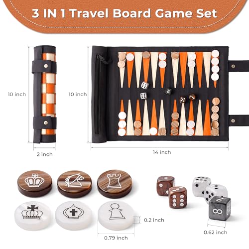 Woodronic 3 in 1 Travel Chess Checkers Backgammon Set, Roll-up Leather Backgammon Game Set with 32 Pearl Textured Pieces and 5 Dices, Portable Travel Strategy Board Game Set for Adult, Navy Blue - color: Navy Blue