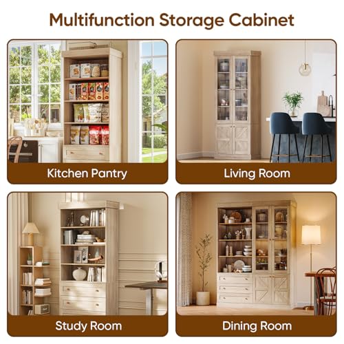 Vyre 71" Tall Farmhouse Bookshelves with Glass Doors and Drawers, Set of 2 – Large Modular Bookcase with Adjustable Shelves, Storage Cabinet for Living Room, Kitchen, Brown - color: Brown