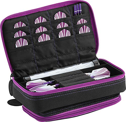 Casemaster Plazma Plus, 3 Dart Case for Soft and Steel Tip Darts Features Large Front Mobile Device Pocket, Built-in Storage Tube and Pockets for Flights, Tips, Shafts, and Personal Items - color: Amethyst Trim