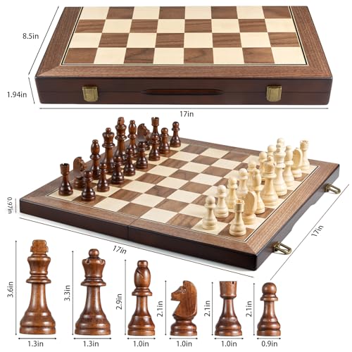 AMEROUS 17'' Magnetic Wooden Chess Set for Adults Kids - with Folding Board, Gift Package, Pieces Storage Slots, Handmade Pieces,Chess Board Game Set for Tournament Professional Beginner - size: 17 inches