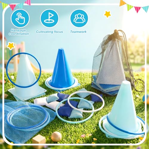 37 Pcs 3 in 1 Carnival Ring Toss Game Set Soft Plastic Cones Bean Bags Ring Toss Game with Mesh Bag for Baby Shower Birthday Carnival Classroom Indoor Outdoor Yard Supplies