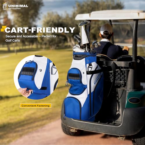 uniHimal Golf Cart Bag, 15 Way Organizer Divider Top with Handles and Rain Cover - color: Blue-White