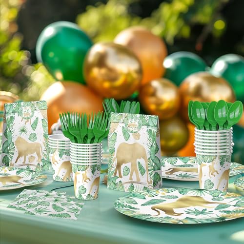 Gold Safari Jungle Party Supplies – Disposable Plates, Napkins, Green Forks – Tropical Leaves Tableware for Wild One Birthday, Baby Shower, Gold Animal Theme Decorations - style: Gold Safari