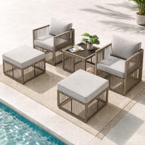 Patio Furniture Set 5 Piece, Outdoor Sectional Sofa Set with 2 Ottomans, Coffee Table, Washable Cushions, All Weather Patio Wicker Conversation Set with Arm Chairs for Backyard, Porch, Balcony, Deck - color: Grey, size: 5 Pieces