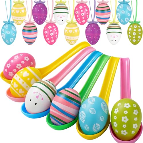 Wettarn 48 Pcs Easter Egg and Spoon Race Game Set 24 Eggs & 24 Colorful Spoons Fun Relay Race Games for Family Activities, Indoor Outdoor Easter Parties, Holiday Favors & Birthday Supplies - style: Easter