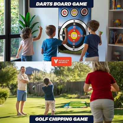 Vitality Sports Golf Chipping Game with Hitting Mat, 72"x48" Double-Sided Sticky Golf Practice Mat with 20 Sticky Balls & 4 Darts, Golf Chipping Game for Adults & Kids Indoor/Outdoor/Backyard