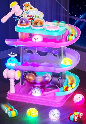 2-in-1 Light-Up Ball Drop & Car Ramp Track Toy with Hammer for Toddlers | Hammer, Launch, Roll and Race with a 2-in-1 Track Toy Made for Hands-On Fun - color: Pink + Purple + Cyan + Peach