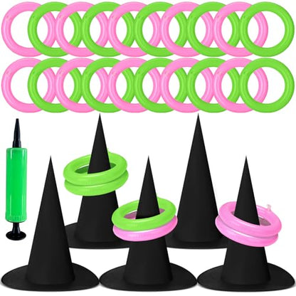 Leitee 25 Pcs Witch Hat Ring Toss Games Set Halloween Party Favors Pink and Green Party Decorations 5 Black Oxford Fabric Wizard Hats with 20 Inflatable Rings for Girls Women Birthday Movie