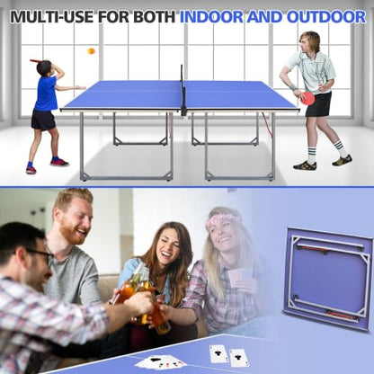 Table Tennis Table Mid-Size, Foldable Ping Pong Table Top Full Size with 2 Paddles, 2 Balls, 1 Net & 4 Wheels, Folding Table Tennis for Indoor & Outdoor, Quick Assembly to Support Multiplayer - size: 6ft
