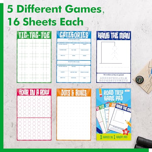 Road Trip Game Pad, 80 Perforated Sheets Travel Activity Pad, 5 Games in 1 Pad, Plane, Car Trip Activity, Pen Pencil & Paper Game for Kids, Adults (6” x 9”) - style: Classic