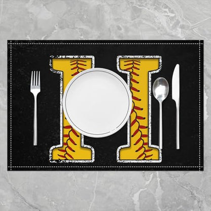 Erosebridal Baseball Initial Placemats 12x18 inch Set of 4 Yellow Letter H Place Mats for Kitchen Table | Monogrammed Table Place Mats Sports Softball Accessories Heat Resisting Placemats - color: Yellow H