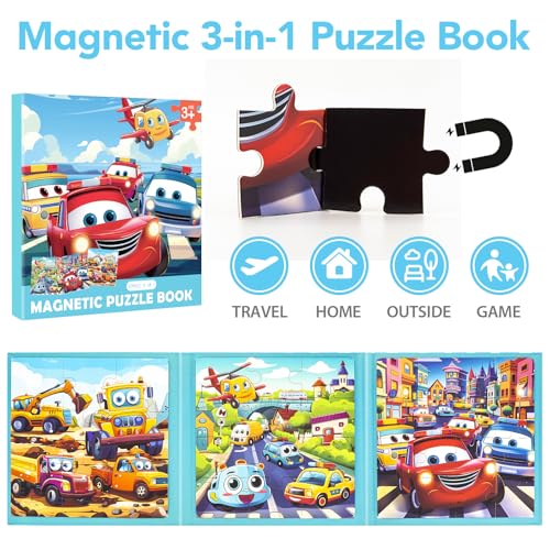 Magnetic Car Puzzles for Toddlers 3-5, 9-12-16 Pieces - Ages 4-6 - Educational Learning Toys for Boys & Girls - style: Car