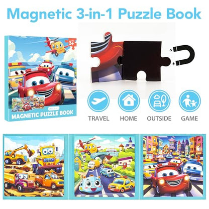 Magnetic Car Puzzles for Toddlers 3-5, 9-12-16 Pieces - Ages 4-6 - Educational Learning Toys for Boys & Girls - style: Car