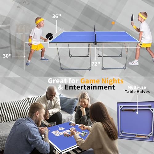 Compact Ping Pong Table, 6ft Mid-Size Indoor/Outdoor Table Tennis Game Set, Foldable, Portable Table Tennis Table with Net, 2 Table Tennis Paddles and 3 Balls