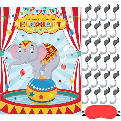 Faccito Carnival Circus Party Games Pin The Stickers on The Large Poster with 24 Pcs Stickers Blindfold Carnival Pin Game Set for Circus Birthday Party Decorations Activities Supplies(Elephant) - style: Elephant