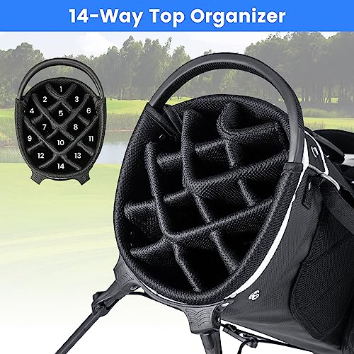 KOTEK Golf Stand Bag, 14 Way Top Divider Golf Club Bag with Cooler, 6 Zippered Pockets, Rain Hood, Adjustable Dual Shoulder Straps & Umbrella Holder, Lightweight Golf Bag for Men Women - color: Grey