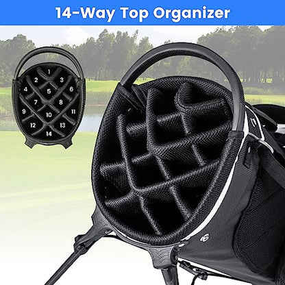KOTEK Golf Stand Bag, 14 Way Top Divider Golf Club Bag with Cooler, 6 Zippered Pockets, Rain Hood, Adjustable Dual Shoulder Straps & Umbrella Holder, Lightweight Golf Bag for Men Women - color: Grey