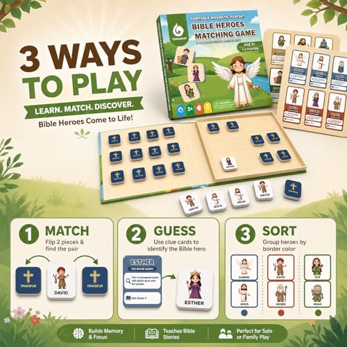 TRAVOFUN Bible Heroes Matching Game for Kids, Portable Magnetic Memory Game with Clue Cards, Christian Travel Toy for Church Quiet Time, Screen-Free Bible Game for Ages 3+, 1-2 Players - style: Bible Heroes Game